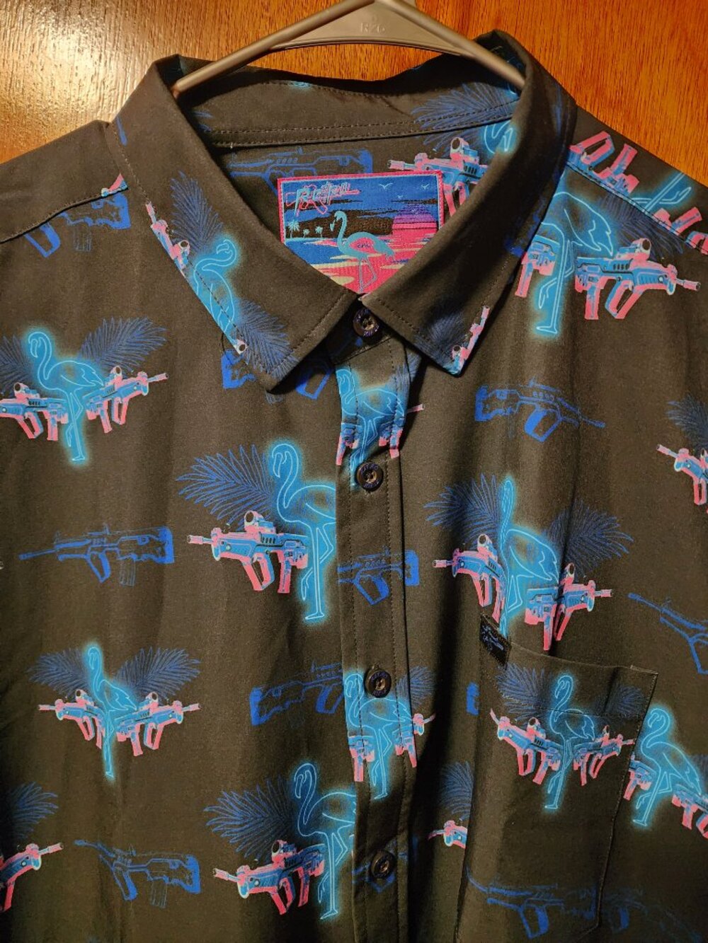 Men's 2XL Retro Rifle Mingo 2 Black Blue Flamingo Short Sleeve Button Down Shirt
